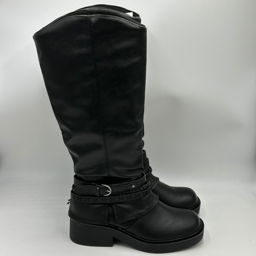 NIB Pop Freeway Black Faux Leather Tall Riding Biker Moto Boots Western Womens 6